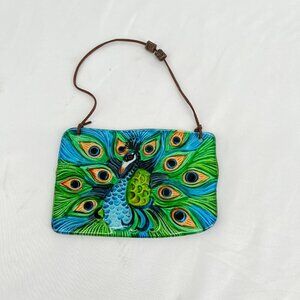 VTG Peacock Bird Stained Glass Window Hanging Sun Catcher Colorful‎ 6.5" x 4.25"